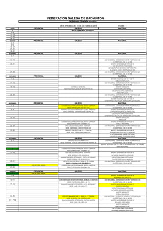 FEDERACION GALEGA DE BADMINTON 
CALENDARIO TEMPADA 2014/2015 
DATA APROBACION: 18 DE OCTUBRE DE 2014 
PAXINA : 1 
XULIO 
PROVINCIAL 
GALEGO 
NACIONAL 
1 
5-6 
12-13 
19-20 
26-27 
AGOSTO 
PROVINCIAL 
GALEGO 
NACIONAL 
2-3 
9-10 
16-17 
23-24 
30-31 
SETEMBRO 
PROVINCIAL 
GALEGO 
NACIONAL 
6-7 
13-14 
LIGA NACIONAL - DIVISION DE HONOR 1ª JORNADA (13) 
CB A ESTRADA / CB AS NEVES 
20-21 
MASTER JOVENES SUB-15 Y SUB-19 
SAN SEBASITAN (PAIS VASCO) 
2014 EUROPEAN SENIOR CHAMPIONSHIPS 
CLADAS DA RAINHA (PORTUGAL) 21-27) 
27-28 
LIGA NACIONAL - DIVISION DE HONOR 2ª JORNADA (27) 
CB A ESTRADA / CB AS NEVES 
OUTUBRO 
PROVINCIAL 
GALEGO 
NACIONAL 
4-5 
MASTER NACIONAL SUB-13 Y SUB-17 
HUELVA (ANDALUCIA) 
11-12 
LIGA NACIONAL - DIVISION DE HONOR 3ª JORNADA (11) 
CB A ESTRADA / CB AS NEVES 
18-19 
ASAMBLEA GENERAL 
MASTER ABSOLUTO 
FEDERACION GALLEGA DE BADMINTON (18) 
SANTANTER (CANTABRIA) 
CIRCUITO NACIONAL VETERANOS 
JAEN (ANDALUCIA) 
25-26 
LIGA NACIONAL - DIVISION DE HONOR 4ª JORNADA (25) 
CB A ESTRADA / CB AS NEVES 
MASTER NACIONAL SUB-13 Y SUB-17 
CENDANYOLA DEL VALLES (BARCELONA) (CATALUÑA) 
NOVEMBRO 
PROVINCIAL 
GALEGO 
NACIONAL 
1-2 
CONCENTRACION PROGRAMA SE BUSCA CAMPEON 
LIGA NACIONAL - DIVISION DE HONOR 5ª JORNADA (1) 
SEDE: PONTEVEDRA (31/10 Y 3/11) 
CB A ESTRADA / CB AS NEVES 
8-9 
RANKING GALLEGO VETERANOS - CATEG. B IND/DOB 
MASTER JOVENES SUB-15 Y SUB-19 
SEDE: OURENSE - UNIVERSIDADE LABORAL (8) 
LA RINCONADA (SEVILLA) (ANDALUCIA) 
CIRCUITO NACIONAL VETERANOS 
CENDANYOLA DEL VALLES (BARCELONA) (CATALUÑA) 
15-16 
MASTER ABSOLUTO 
ANDALUCIA 
CONCENTRACION PROGRAMA SE BUSCA CAMPEON 
MASTER JOVENES SUB-13 Y SUB-17 
SEDE: PONTEVEDRA (VIERNES 21) 
ESTELLA (NAVARRA) 
22-23 
LIGA GALLEGA DE CLUBES - JORNADA 1 
LIGA NACIONAL - DIVISION DE HONOR 6ª JORNADA (22) 
SEDE: A ESTRADA (CB A ESTRADA) (23) 
CB A ESTRADA / CB AS NEVES 
29-30 
CIRCUITO GALLEGO SUB-11 - 1ª PRUEBA 
MASTER JOVENES SUB-15 Y SUB-19 
SEDE: VIGO - CB RACHAPLUMAS (30) 
GUADALAJARA (CASTILLA LA MANCHA) 
VI INTERNACIONAL JUNIOR PORTUGAL 
CALDAS DA RAINHA (PORTUGAL) (28-30) 
DECEMBRO 
PROVINCIAL 
GALEGO 
NACIONAL 
6-7 
CIRCUITO GALLEGO ABSOLUTO 
LIGA NACIONAL - DIVISION DE HONOR 7ª JORNADA (6) 
SEDE: OURENSE - ATHLOS-UNIVERSIDADE LABORAL (6) 
CB A ESTRADA / CB AS NEVES 
MASTER JOVENES SUB-13 Y SUB-17 / INTERNACIONAL DE ESPAÑA 
GIJON (ASTURIAS) 
8 
CONCENTRACION PROGRAMA SE BUSCA CAMPEON 
SEDE: PONTEVEDRA (VIERNES 12) 
13-14 
LIGA GALLEGA DE CLUBES - JORNADA 2 
MASTER JOVENES SUB-15 Y SUB-19 
SEDE: AS NEVES (CB AS NEVES) 
ALFAJARIN (ZARAGOZA) (ARAGON) 
RANKING GALLEGO VETERANOS - CATEG. A DOB/MIXT. 
CIRCUITO NACIONAL VETERANOS 
SEDE: CEDEIRA - CB CEDEIRA (13) 
TOLEDO (CASTILLA LA MANCHA) 
20-21 
CIRCUITO GALLEGO SUB-11- SUB-19 2ª PRUEBA 
LIGA NACIONAL - DIVISION DE HONOR 8ª JORNADA (20) 
SEDE: A CORUÑA-CLUB DEL MAR (21) 
CB A ESTRADA / CB AS NEVES 
23-31 
VACACIONS NADAL 
CONCENTRACION PROGRAMA SE BUSCA CAMPEON 
27-28 
SEDE: PONTEVEDRA (VIERNES 19) 
XANEIRO 
PROVINCIAL 
GALEGO 
NACIONAL 
1 AL 7 
VACACIONS NADAL 
3-4 
MASTER JOVENES SUB-15 Y SUB-19 
A ESTRADA (GALICIA) (3-4) 
10-11 
CONCENTRACION INTERTERRITORIAL SE BUSCA CAMPEON 
LIGA NACIONAL - DIVISION DE HONOR 9ª JORNADA (10) 
SEDE: PONTEVEDRA (DEL 9 AL 11) 
CB A ESTRADA / CB AS NEVES 
17-18 
RANKING GALLEGO VETERANOS - CATG- B DOB/MIXT 
MASTER JOVENES SUB-13 Y SUB-17 
SEDE: LALIN - SD LALIN (17) 
AS NEVES (GALICIA) 
CIRCUITO NACIONAL VETERANOS 
ALFAJARIN (ZARAGOZA) (ARAGON) 
MASTER ABSOLUTO 
ESTELLA (NAVARRA) 
24-25 
CIRCUITO GALLEGO SUB-11 - SUB-15 - 3ª PRUEBA 
LIGA NACIONAL - DIVISION DE HONOR 10ª JORNADA (24) 
SEDE: AS NEVES - CB AS NEVES (25) 
CB A ESTRADA / CB AS NEVES 
31-1 FEB 
RANKING GALLEGO VETERANOS - CATG-A IND/DOB 
MASTER JOVENES SUB-15 Y SUB-19 
SEDE: VIGO - CB CIES (31) 
SOLARES (CANTABRIA) 
MASTER ABSOLUTO 
HUELVA (ANDALUCIA) 
CIRCUITO NACIONAL VETERANOS 
OGIJARES (GRANADA) (ANDLUCIA) 
INICIO TEMPADA 2014/2015  