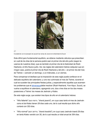 Cumpliendo con el precepto de sacudir las ramas de aravá en la festividad de Sucot


Este difícil pero fundamental equilibrio, se obtiene mediante cálculos que prescriben
en cuál de los días de la semana podrá caer el primer día del año judío (según la
usanza de nuestros días), que es también el primer día de la festividad de Rosh
Hashaná, el Año Nuevo judío. Así, las reglas del calendario hebreo estipulan que en
ningún caso, podrá el primer día de Rosh Hashaná y del año —el primer día del mes
de Tishrei— coincidir un domingo, o un miércoles, o un viernes.

Para compensar el desfase que la imposición de esta regla puede conllevar en el
delicado equilibrio del calendario; y una vez culminado el mes de Tishrei, durante el
cual se suceden las principales fiestas judías, y especialmente aquellas que acarrean
los problemas que el almanaquedebe resolver (Rosh Hashaná, Yom Kipur, Sucot), se
vuelve a equilibrar el calendario, agregando uno, dos o tres días en los dos meses
posteriores a Tishrei: los meses de Jeshván y Kislev.

De esta regla surge, que existen tres tipos de año en el calendario hebreo:

   "Año faltante" (‫" ,הרסח הנש‬shaná jaserá"), en cuyo caso tanto el mes de Jeshván
    como el de Kislev tienen 29 días cada uno, de lo cual resulta que dicho año
    contará con 353 días.

   "Año normal" (‫" ,הרדסכ הנש‬shaná kesidrá"), en cuyo caso Jeshván traerá 29 días
    en tanto Kislev vendrá con 30, de lo cual resulta un total anual de 354 días.
 