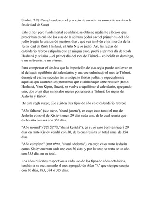 Shabat, 7:2). Cumpliendo con el precepto de sacudir las ramas de aravá en la
festividad de Sucot
Este difícil pero fundamental equilibrio, se obtiene mediante cálculos que
prescriban en cuál de los días de la semana podrá caer el primer día del año
judío (según la usanza de nuestros días), que sea también el primer día de la
festividad de Rosh Hashaná, el Año Nuevo judío. Así, las reglas del
calendario hebreo estipulan que en ningún caso, podrá el primer día de Rosh
Hashaná y del año —el primer día del mes de Tishrei— coincidir un domingo,
o un miércoles, o un viernes.
Para compensar el desfase que la imposición de esta regla puede conllevar en
el delicado equilibrio del calendario; y una vez culminado el mes de Tishrei,
durante el cual se suceden las principales fiestas judías, y especialmente
aquellas que acarrean los problemas que el almanaque debe resolver (Rosh
Hashaná, Yom Kipur, Sucot), se vuelve a equilibrar el calendario, agregando
uno, dos o tres días en los dos meses posteriores a Tishrei: los meses de
Jeshván y Kislev.
De esta regla surge, que existen tres tipos de año en el calendario hebreo:
"Año faltante" (‫הנש‬ ‫,הרסח‬ "shaná jaserá"), en cuyo caso tanto el mes de
Jeshván como el de Kislev tienen 29 días cada uno, de lo cual resulta que
dicho año contará con 353 días.
"Año normal" (‫הנש‬ ‫,הרדסכ‬ "shaná kesidrá"), en cuyo caso Jeshván traerá 29
días en tanto Kislev vendrá con 30, de lo cual resulta un total anual de 354
días.
"Año completo" (‫הנש‬ ‫,המלש‬ "shaná shelemá"), en cuyo caso tanto Jeshván
como Kislev cuentan cada uno con 30 días, y por lo tanto se trata de un año
con 355 días en su total.
Los años bisiestos respectivos a cada uno de los tipos de años detallados,
tendrán a su vez, sumado el mes agregado de Adar "A" que siempre cuenta
con 30 días, 383, 384 ó 385 días.
 