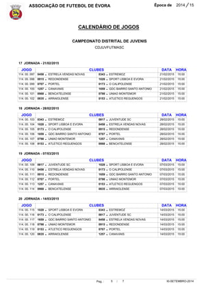ASSOCIAÇÃO DE FUTEBOL DE ÉVORA Época de 2014 / 15 
CALENDÁRIO DE JOGOS 
CAMPEONATO DISTRITAL DE JUVENIS 
CDJUVFUTMASC 
15:00 
15:00 
15:00 
15:00 
15:00 
15:00 
15:00 
15:00 
15:00 
15:00 
15:00 
15:00 
15:00 
15:00 
15:00 
15:00 
15:00 
15:00 
Pag. : 5 / 7 
30-SETEMBRO-2014 
JOGO 
114. 00. 097 
114. 00. 098 
114. 00. 099 
114. 00. 100 
114. 00. 101 
114. 00. 102 
JOGO 
114. 00. 103 
114. 00. 104 
114. 00. 105 
114. 00. 106 
114. 00. 107 
114. 00. 108 
JOGO 
114. 00. 109 
114. 00. 110 
114. 00. 111 
114. 00. 112 
114. 00. 113 
114. 00. 114 
JOGO 
114. 00. 115 
114. 00. 116 
114. 00. 117 
114. 00. 118 
114. 00. 119 
114. 00. 120 
0458 
0915 
0707 
1257 
0968 
0835 
0343 
1028 
0173 
1659 
0798 
0153 
0817 
0458 
0915 
0707 
1257 
0968 
1028 
0173 
1659 
0798 
0153 
0835 
CLUBES 
CLUBES 
CLUBES 
CLUBES 
ESTRELA VENDAS NOVAS 
REDONDENSE 
PORTEL 
CANAVIAIS 
BENCATELENSE 
ARRAIOLENSE 
ESTREMOZ 
SPORT LISBOA E EVORA 
O CALIPOLENSE 
GDC BAIRRO SANTO ANTONIO 
UNIAO MONTEMOR 
ATLETICO REGUENGOS 
JUVENTUDE SC 
ESTRELA VENDAS NOVAS 
REDONDENSE 
PORTEL 
CANAVIAIS 
BENCATELENSE 
SPORT LISBOA E EVORA 
O CALIPOLENSE 
GDC BAIRRO SANTO ANTONIO 
UNIAO MONTEMOR 
ATLETICO REGUENGOS 
ARRAIOLENSE 
0343 
1028 
0173 
1659 
0798 
0153 
0817 
0458 
0915 
0707 
1257 
0968 
1028 
0173 
1659 
0798 
0153 
0835 
0343 
0817 
0458 
0915 
0707 
1257 
ESTREMOZ 
SPORT LISBOA E EVORA 
O CALIPOLENSE 
GDC BAIRRO SANTO ANTONIO 
UNIAO MONTEMOR 
ATLETICO REGUENGOS 
JUVENTUDE SC 
ESTRELA VENDAS NOVAS 
REDONDENSE 
PORTEL 
CANAVIAIS 
BENCATELENSE 
SPORT LISBOA E EVORA 
O CALIPOLENSE 
GDC BAIRRO SANTO ANTONIO 
UNIAO MONTEMOR 
ATLETICO REGUENGOS 
ARRAIOLENSE 
ESTREMOZ 
JUVENTUDE SC 
ESTRELA VENDAS NOVAS 
REDONDENSE 
PORTEL 
CANAVIAIS 
DATA 
DATA 
DATA 
DATA 
17 JORNADA - 21/02/2015 
18 JORNADA - 28/02/2015 
19 JORNADA - 07/03/2015 
20 JORNADA - 14/03/2015 
21/02/2015 
21/02/2015 
21/02/2015 
21/02/2015 
21/02/2015 
21/02/2015 
28/02/2015 
28/02/2015 
28/02/2015 
28/02/2015 
28/02/2015 
28/02/2015 
07/03/2015 
07/03/2015 
07/03/2015 
07/03/2015 
07/03/2015 
07/03/2015 
14/03/2015 
14/03/2015 
14/03/2015 
14/03/2015 
14/03/2015 
14/03/2015 
- 
- 
- 
- 
- 
- 
- 
- 
- 
- 
- 
- 
- 
- 
- 
- 
- 
- 
- 
- 
- 
- 
- 
- 
- 
- 
- 
- 
- 
- 
- 
- 
- 
- 
- 
- 
- 
- 
- 
- 
- 
- 
- 
- 
- 
- 
- 
- 
HORA 
HORA 
HORA 
HORA 
15:00 
15:00 
15:00 
15:00 
15:00 
15:00 
 