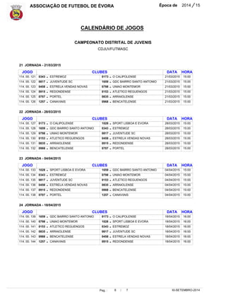 ASSOCIAÇÃO DE FUTEBOL DE ÉVORA Época de 2014 / 15 
CALENDÁRIO DE JOGOS 
CAMPEONATO DISTRITAL DE JUVENIS 
CDJUVFUTMASC 
15:00 
15:00 
15:00 
15:00 
15:00 
15:00 
15:00 
15:00 
15:00 
15:00 
15:00 
15:00 
15:00 
15:00 
15:00 
15:00 
15:00 
15:00 
Pag. : 6 / 7 
30-SETEMBRO-2014 
JOGO 
114. 00. 121 
114. 00. 122 
114. 00. 123 
114. 00. 124 
114. 00. 125 
114. 00. 126 
JOGO 
114. 00. 127 
114. 00. 128 
114. 00. 129 
114. 00. 130 
114. 00. 131 
114. 00. 132 
JOGO 
114. 00. 133 
114. 00. 134 
114. 00. 135 
114. 00. 136 
114. 00. 137 
114. 00. 138 
JOGO 
114. 00. 139 
114. 00. 140 
114. 00. 141 
114. 00. 142 
114. 00. 143 
114. 00. 144 
0343 
0817 
0458 
0915 
0707 
1257 
0173 
1659 
0798 
0153 
0835 
0968 
1028 
0343 
0817 
0458 
0915 
0707 
1659 
0798 
0153 
0835 
0968 
1257 
CLUBES 
CLUBES 
CLUBES 
CLUBES 
ESTREMOZ 
JUVENTUDE SC 
ESTRELA VENDAS NOVAS 
REDONDENSE 
PORTEL 
CANAVIAIS 
O CALIPOLENSE 
GDC BAIRRO SANTO ANTONIO 
UNIAO MONTEMOR 
ATLETICO REGUENGOS 
ARRAIOLENSE 
BENCATELENSE 
SPORT LISBOA E EVORA 
ESTREMOZ 
JUVENTUDE SC 
ESTRELA VENDAS NOVAS 
REDONDENSE 
PORTEL 
GDC BAIRRO SANTO ANTONIO 
UNIAO MONTEMOR 
ATLETICO REGUENGOS 
ARRAIOLENSE 
BENCATELENSE 
CANAVIAIS 
0173 
1659 
0798 
0153 
0835 
0968 
1028 
0343 
0817 
0458 
0915 
0707 
1659 
0798 
0153 
0835 
0968 
1257 
0173 
1028 
0343 
0817 
0458 
0915 
O CALIPOLENSE 
GDC BAIRRO SANTO ANTONIO 
UNIAO MONTEMOR 
ATLETICO REGUENGOS 
ARRAIOLENSE 
BENCATELENSE 
SPORT LISBOA E EVORA 
ESTREMOZ 
JUVENTUDE SC 
ESTRELA VENDAS NOVAS 
REDONDENSE 
PORTEL 
GDC BAIRRO SANTO ANTONIO 
UNIAO MONTEMOR 
ATLETICO REGUENGOS 
ARRAIOLENSE 
BENCATELENSE 
CANAVIAIS 
O CALIPOLENSE 
SPORT LISBOA E EVORA 
ESTREMOZ 
JUVENTUDE SC 
ESTRELA VENDAS NOVAS 
REDONDENSE 
DATA 
DATA 
DATA 
DATA 
21 JORNADA - 21/03/2015 
22 JORNADA - 28/03/2015 
23 JORNADA - 04/04/2015 
24 JORNADA - 18/04/2015 
21/03/2015 
21/03/2015 
21/03/2015 
21/03/2015 
21/03/2015 
21/03/2015 
28/03/2015 
28/03/2015 
28/03/2015 
28/03/2015 
28/03/2015 
28/03/2015 
04/04/2015 
04/04/2015 
04/04/2015 
04/04/2015 
04/04/2015 
04/04/2015 
18/04/2015 
18/04/2015 
18/04/2015 
18/04/2015 
18/04/2015 
18/04/2015 
- 
- 
- 
- 
- 
- 
- 
- 
- 
- 
- 
- 
- 
- 
- 
- 
- 
- 
- 
- 
- 
- 
- 
- 
- 
- 
- 
- 
- 
- 
- 
- 
- 
- 
- 
- 
- 
- 
- 
- 
- 
- 
- 
- 
- 
- 
- 
- 
HORA 
HORA 
HORA 
HORA 
16:00 
16:00 
16:00 
16:00 
16:00 
16:00 
 