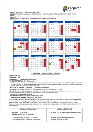 Calendario laboral Tragsatec Madrid 2014