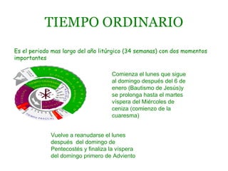 TIEMPO ORDINARIO Es el periodo mas largo del año litúrgico (34 semanas) con dos momentos importantes Comienza el lunes que sigue al domingo después del 6 de enero (Bautismo de Jesús)y se prolonga hasta el martes víspera del Miércoles de ceniza (comienzo de la cuaresma) Vuelve a reanudarse el lunes después  del domingo de Pentecostés y finaliza la víspera del domingo primero de Adviento 
