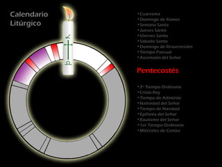 Calendario   •Cuaresma
             •Domingo de Ramos
Litúrgico    •Semana Santa
             •Jueves Santo
             •Viernes Santo
             •Sábado Santo
             •Domingo de Resurrección
             •Tiempo Pascual
             •Ascensión del Señor


             Pentecostés

             •2º Tiempo Ordinario
             •Cristo Rey
             •Tiempo de Adviento
             •Natividad del Señor
             •Tiempo de Navidad
             •Epifanía del Señor
             •Bautismo del Señor
             •1er Tiempo Ordinario
             •Miércoles de Ceniza
 