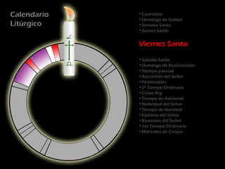 Calendario   •Cuaresma
             •Domingo de Ramos
Litúrgico    •Semana Santa
             •Jueves Santo


             Viernes Santo
             •Sábado Santo
             •Domingo de Resurrección
             •Tiempo pascual
             •Ascensión del Señor
             •Pentecostés
             •2º Tiempo Ordinario
             •Cristo Rey
             •Tiempo de Adviento
             •Natividad del Señor
             •Tiempo de Navidad
             •Epifanía del Señor
             •Bautismo del Señor
             •1er Tiempo Ordinario
             •Miércoles de Ceniza
 