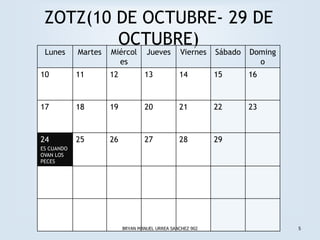 ZOTZ(10 DE OCTUBRE- 29 DE
         OCTUBRE)
 Lunes      Martes   Miércol       Jueves        Viernes   Sábado   Doming
                       es                                             o
10          11       12           13            14         15       16



17          18       19           20            21         22       23



24          25       26           27            28         29
ES CUANDO
OVAN LOS
PECES




                          BRYAN MANUEL URREA SANCHEZ 902                     5
 
