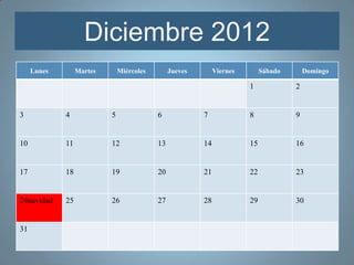 Diciembre 2012
     Lunes        Martes       Miércoles        Jueves        Viernes        Sábado       Domingo

                                                                        1             2


3            4             5               6             7              8             9


10           11            12              13            14             15            16


17           18            19              20            21             22            23


24navidad    25            26              27            28             29            30


31
 