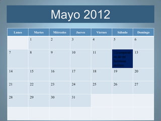 Mayo 2012
     Lunes        Martes       Miércoles        Jueves        Viernes        Sábado       Domingo

             1             2               3             4              5             6


7            8             9               10            11             12cumpleañ 13
                                                                        os de mi
                                                                        hermana
                                                                        dulfary
14           15            16              17            18             19            20


21           22            23              24            25             26            27


28           29            30              31
 