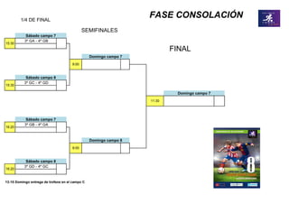 3º GA - 4º GB
3º GC - 4º GD
3º GB - 4º GA
3º GD - 4º GC
Sábado campo 7
15:30
FINAL
Domingo campo 7
FASE CONSOLACIÓN1/4 DE FINAL
SEMIFINALES
9:00
Sábado campo 8
15:30
Domingo campo 7
11:30
Sábado campo 7
Sábado campo 8
16:20
Domingo campo 8
16:20
13:15 Domingo entrega de trofeos en el campo C
9:00
 