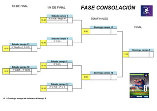 Sábado campo 11
4º G A/B - 4º G C/D
Sábado campo 12
4º G D/E - 4º GE/B
1/8 DE FINAL
1/4 DE FINAL FASE CONSOLACIÓN
Sábado campo 5
SEMIFINALES19:40
3º G A/B - Mejor 4º
15:30
FINALDomingo campo 11
9:00
Domingo campo 5
11:30
Sábado campo 11
Domingo campo 12
9:00
Sábado campo 12
15:30
18:00
13:15 Domingo entrega de trofeos en el campo A
18:00
Sábado campo 6
19:40
3º G D -
3º G C -
3º G A/B - 3º G E
 