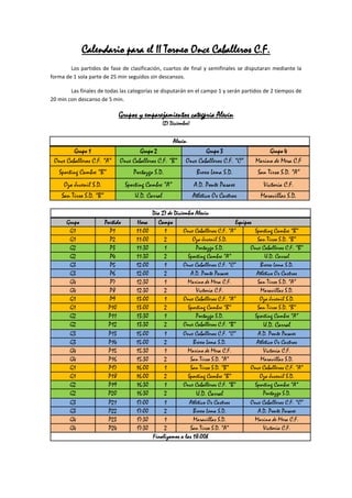 Calendario para el II Torneo Once Caballeros C.F.
        Los partidos de fase de clasificación, cuartos de final y semifinales se disputaran mediante la
forma de 1 sola parte de 25 min seguidos sin descansos.

        Las finales de todas las categorías se disputarán en el campo 1 y serán partidos de 2 tiempos de
20 min con descanso de 5 min.

                               Grupos y emparejamientos categpría Alevín
                                                     (27 Diciembre)


                                                          Alevín
         Grupo 1                         Grupo 2                           Grupo 3                  Grupo 4
 Once Caballeros C.F. “A”      Once Caballeros C.F. “B”          Once Caballeros C.F. “C”     Marino de Mera C.F
   Sporting Cambre “B”                Portazgo S.D.                    Brexo Lema S.D.         San Tirso S.D. “A”
     Oza Juvenil S.D.              Sporting Cambre “A”                A.D. Ponte Pasaxe          Victoria C.F.
    San Tirso S.D. “B”                 U.D. Carral                    Atletico Os Castros       Maravillas S.D.

                                               Día 27 de Diciembre Alevín
      Grupo              Partido       Hora      Campo                               Equipos
       G1                  P1          11:00        1        Once Caballeros C.F. “A”        Sporting Cambre “B”
       G1                  P2          11:00        2            Oza Juvenil S.D.             San Tirso S.D. “B”
       G2                  P3          11:30        1              Portazgo S.D.            Once Caballeros C.F. “B”
       G2                  P4          11:30        2          Sporting Cambre “A”                U.D. Carral
       G3                  P5          12:00        1        Once Caballeros C.F. “C”           Brexo Lema S.D.
       G3                  P6          12:00        2           A.D. Ponte Pasaxe             Atletico Os Castros
       G4                  P7          12:30        1          Marino de Mera C.F.            San Tirso S.D. “A”
       G4                  P8          12:30        2              Victoria C.F.                Maravillas S.D.
       G1                  P9          13:00        1        Once Caballeros C.F. “A”           Oza Juvenil S.D.
       G1                 P10          13:00        2          Sporting Cambre “B”            San Tirso S.D. “B”
       G2                 P11          13:30        1              Portazgo S.D.             Sporting Cambre “A”
       G2                 P12          13:30        2        Once Caballeros C.F. “B”            U.D. Carral
       G3                 P13          15:00        1        Once Caballeros C.F. “C”          A.D. Ponte Pasaxe
       G3                 P14          15:00        2             Brexo Lema S.D.             Atletico Os Castros
       G4                 P15          15:30        1          Marino de Mera C.F.               Victoria C.F.
       G4                 P16          15:30        2           San Tirso S.D. “A”              Maravillas S.D.
       G1                 P17          16:00        1           San Tirso S.D. “B”          Once Caballeros C.F. “A”
       G1                 P18          16:00        2          Sporting Cambre “B”              Oza Juvenil S.D.
       G2                 P19          16:30        1        Once Caballeros C.F. “B”        Sporting Cambre “A”
       G2                 P20          16:30        2              U.D. Carral                   Portazgo S.D.
       G3                 P21          17:00        1           Atletico Os Castros         Once Caballeros C.F. “C”
       G3                 P22          17:00        2             Brexo Lema S.D.              A.D. Ponte Pasaxe
       G4                 P23          17:30        1             Maravillas S.D.            Marino de Mera C.F.
       G4                 P24          17:30        2           San Tirso S.D. “A”               Victoria C.F.
                                               Finalizamos a las 18:00h
 