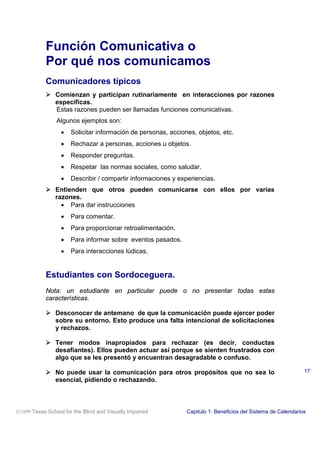 Función Comunicativa o
Por qué nos comunicamos
Comunicadores típicos
! Comienzan y participan rutinariamente en interacciones por razones
específicas.
Estas razones pueden ser llamadas funciones comunicativas.
Algunos ejemplos son:
• Solicitar información de personas, acciones, objetos, etc.
• Rechazar a personas, acciones u objetos.
• Responder preguntas.
• Respetar las normas sociales, como saludar.
• Describir / compartir informaciones y experiencias.
! Entienden que otros pueden comunicarse con ellos por varias
razones.
• Para dar instrucciones
• Para comentar.
• Para proporcionar retroalimentación.
• Para informar sobre eventos pasados.
• Para interacciones lúdicas.
Estudiantes con Sordoceguera.
Nota: un estudiante en particular puede o no presentar todas estas
características.
! Desconocer de antemano de que la comunicación puede ejercer poder
sobre su entorno. Esto produce una falta intencional de solicitaciones
y rechazos.
! Tener modos inapropiados para rechazar (es decir, conductas
desafiantes). Ellos pueden actuar así porque se sienten frustrados con
algo que se les presentó y encuentran desagradable o confuso.
! No puede usar la comunicación para otros propósitos que no sea lo
esencial, pidiendo o rechazando.
1999 Texas School for the Blind and Visually Impaired Capitulo 1: Beneficios del Sistema de Calendarios
17
 