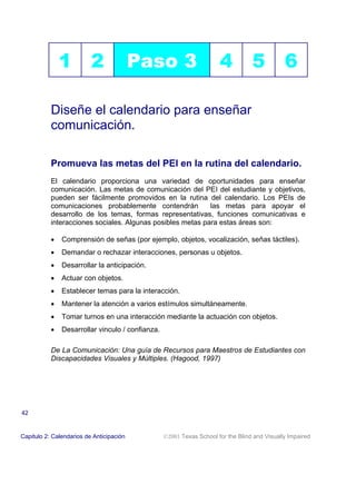 1          2               Paso 3                      4           5           6

           Diseñe el calendario para enseñar
           comunicación.

           Promueva las metas del PEI en la rutina del calendario.
           El calendario proporciona una variedad de oportunidades para enseñar
           comunicación. Las metas de comunicación del PEI del estudiante y objetivos,
           pueden ser fácilmente promovidos en la rutina del calendario. Los PEIs de
           comunicaciones probablemente contendrán          las metas para apoyar el
           desarrollo de los temas, formas representativas, funciones comunicativas e
           interacciones sociales. Algunas posibles metas para estas áreas son:

           •   Comprensión de señas (por ejemplo, objetos, vocalización, señas táctiles).
           •   Demandar o rechazar interacciones, personas u objetos.
           •   Desarrollar la anticipación.
           •   Actuar con objetos.
           •   Establecer temas para la interacción.
           •   Mantener la atención a varios estímulos simultáneamente.
           •   Tomar turnos en una interacción mediante la actuación con objetos.
           •   Desarrollar vinculo / confianza.

           De La Comunicación: Una guía de Recursos para Maestros de Estudiantes con
           Discapacidades Visuales y Múltiples. (Hagood, 1997)




42


Capitulo 2: Calendarios de Anticipación           2001 Texas School for the Blind and Visually Impaired
 