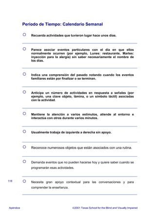 Período de Tiempo: Calendario Semanal
○ Recuerda actividades que tuvieron lugar hace unos días.
○ Parece asociar eventos particulares con el día en que ellos
normalmente ocurren (por ejemplo, Lunes: restaurante, Martes:
inyección para la alergia) sin saber necesariamente el nombre de
los días.
○ Indica una comprensión del pasado notando cuando los eventos
familiares están por finalizar o se terminan.
○ Anticipa un número de actividades en respuesta a señales (por
ejemplo, una clave objeto, lámina, o un símbolo táctil) asociadas
con la actividad.
○ Mantiene la atención a varios estímulos, atiende al entorno e
interactúa con otros durante varios minutos.
○ Usualmente trabaja de izquierda a derecha sin apoyo.
○ Reconoce numerosos objetos que están asociados con una rutina.
○ Demanda eventos que no pueden hacerse hoy y quiere saber cuando se
programarán esas actividades.
○ Necesita gran apoyo contextual para las conversaciones y para
comprender la enseñanza.
Apéndice 2001 Texas School for the Blind and Visually Impaired
118
 