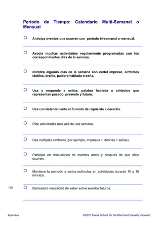 Período de Tiempo: Calendario Multi-Semanal o
Mensual
○ Anticipa eventos que ocurren con período bi-semanal o mensual.
○ Asocia muchas actividades regularmente programadas con los
correspondientes días de la semana.
○ Nombra algunos días de la semana con cartel impreso, símbolos
táctiles, braille, palabra hablada o seña.
○ Usa y responde a señas, palabra hablada o símbolos que
representan pasado, presente y futuro.
○ Usa consistentemente el formato de izquierda a derecha.
○ Pide actividades mas allá de una semana.
○ Usa múltiples simbolos (por ejemplo, impresos + láminas + señas)
○ Participa en discusiones de eventos antes y después de que ellos
ocurren.
○ Mantiene la atención a varios estímulos en actividades durante 10 a 15
minutos.
○ Demuestra necesidad de saber sobre eventos futuros.
Apéndice 2001 Texas School for the Blind and Visually Impaired
120
 