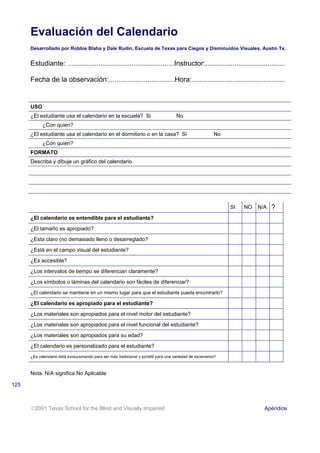 Evaluación del Calendario
Desarrollado por Robbie Blaha y Dale Rudin, Escuela de Texas para Ciegos y Disminuidos Visuales, Austin Tx.
Estudiante: .......................................................Instructor:.........................................
Fecha de la observación:..................................Hora:................................................
SI NO N/A ?
¿El calendario es entendible para el estudiante?
¿El tamaño es apropiado?
¿Esta claro (no demasiado lleno o desarreglado?
¿Está en el campo visual del estudiante?
¿Es accesible?
¿Los intervalos de tiempo se diferencian claramente?
¿Los símbolos o láminas del calendario son fáciles de diferenciar?
¿El calendario se mantiene en un mismo lugar para que el estudiante pueda encontrarlo?
¿El calendario es apropiado para el estudiante?
¿Los materiales son apropiados para el nivel motor del estudiante?
¿Los materiales son apropiados para el nivel funcional del estudiante?
¿Los materiales son apropiados para su edad?
¿El calendario es personalizado para el estudiante?
¿Es calendario está evolucionando para ser más tradicional y portátil para una variedad de escenarios?
Nota. N/A significa No Aplicable
USO
¿El estudiante usa el calendario en la escuela? Si No
¿Con quien?
¿El estudiante usa el calendario en el dormitorio o en la casa? Si No
¿Con quien?
FORMATO
Describa y dibuje un gráfico del calendario.
2001 Texas School for the Blind and Visually Impaired Apéndice
125
 