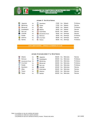 Jornada 5 13 al 14 de Febrero

                  Jaguares           vs.           Querétaro                     17:00   hrs. Sábado      TV Azteca
                  Monterrey          vs.           Tigres                        17:00   hrs. Sábado      Televisa
                  Monarcas           vs.           Atlas                         19:00   hrs. Sábado      TV Azteca
                  Guadalajara        vs.           Atlante                       19:00   hrs. Sábado      Televisa
                  San Luis           vs.           Club Indios                   20:45   hrs. Sábado      Televisa
                  U.N.A.M.           vs.           Estudiantes Tecos             12:00   hrs. Domingo     Televisa
                  Puebla             vs.           Pachuca                       12:00   hrs. Domingo     TV Azteca
                  América            vs.           Cruz Azul                     16:00   hrs. Domingo     Televisa
                  Santos             vs.           Toluca                        16:00   hrs. Domingo     TV Azteca



                              COPA LIBERTADORES JORNADA 2 (FEBRERO 16 AL 18)




                                    Jornada 6 (Jornada doble) 17 al 18 de Febrero

                  Atlante            vs.           Jaguares                      00:00   hrs. Miércoles   Televisa
                  Pachuca            vs.           Guadalajara                   00:00   hrs. Miércoles   TV Azteca
                  Estudiantes Tecos vs.            Monterrey                     00:00   hrs. Miércoles   TV Azteca
                  Cruz Azul          vs.           Monarcas                      00:00   hrs. Miércoles   TV Azteca
                  Puebla             vs.           San Luis                      00:00   hrs. Miércoles   TV Azteca
                  Querétaro          vs.           U.N.A.M.                      00:00   hrs. Miércoles   Televisa
                  Atlas              vs.           Club Indios                   00:00   hrs. Miércoles   Televisa
                  Toluca             vs.           América                       00:00   hrs. Miércoles   Televisa
                  Tigres             vs.           Santos                        00:00   hrs. Miércoles   Televisa




Nota: Los partidos en rojo son cambios de horario.
      Los partidos en verde son cambio de fecha.
      Los partidos en azul son cambios de fecha y horario. *Horario del centro                                  30/11/2009
 