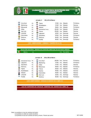 Jornada 11        20 al 21 de Marzo

                  Cruz Azul          vs.           Tigres                          17:00   hrs. Sábado         TV Azteca
                  Monterrey          vs.           Guadalajara                     17:00   hrs. Sábado         Televisa
                  Monarcas           vs.           Atlante                         19:00   hrs. Sábado         TV Azteca
                  Atlas              vs.           Estudiantes Tecos             20:45     hrs. Sábado         Televisa
                  San Luis           vs.           Toluca                        20:45     hrs. Sábado         Televisa
                  U.N.A.M.           vs.           Jaguares                        12:00   hrs. Domingo        Televisa
                  Club Indios        vs.           Querétaro                       14:00   hrs. Domingo        TV Azteca
                  América            vs.           Pachuca                         16:00   hrs. Domingo        Televisa
                  Santos             vs.           Puebla                          16:00   hrs. Domingo        TV Azteca

                                COPA LIBERTADORES JORNADA 7 (MARZO 23 AL 25)




                 SELECCIÓN NACIONAL (MARZO 24) (PARTIDO AMISTOSO EN ESTADOS UNIDOS)

                      México           vs                                                  hrs   Por definir



                                            Jornada 12        26 al 28 de Marzo

                  Estudiantes Tecos vs.            Cruz Azul                     20:00     hrs. Viernes        TV Azteca
                  Jaguares           vs.           Monterrey                       17:00   hrs. Sábado         TV Azteca
                  Querétaro          vs.           Atlas                           17:00   hrs. Sábado         Televisa
                  Pachuca            vs.           Monarcas                        19:00   hrs. Sábado         TV Azteca
                  Tigres             vs.           Toluca                          19:00   hrs. Sábado         Televisa
                  Guadalajara        vs.           Santos                          19:00   hrs. Sábado         Televisa
                  Atlante            vs.           Club Indios                     19:00   hrs. Sábado         Televisa
                  U.N.A.M.           vs.           San Luis                        12:00   hrs. Domingo        Televisa
                  Puebla             vs.           América                         16:00   hrs. Domingo        TV Azteca


                              COPA LIBERTADORES JORNADA 8 (MARZO 30 A ABRIL 01)



                  LIGA DE CAMPEONES DE CONCACAF SEMIFINAL IDA (MARZO 30 A ABRIL 01)




Nota: Los partidos en rojo son cambios de horario.
      Los partidos en verde son cambio de fecha.
      Los partidos en azul son cambios de fecha y horario. *Horario del centro                                       30/11/2009
 