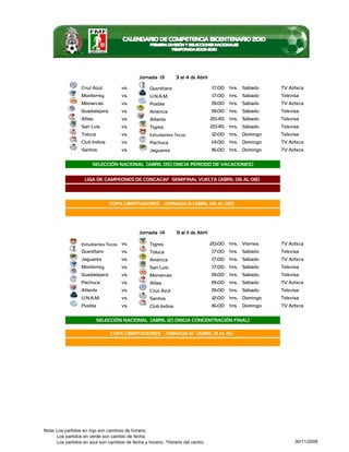 Jornada 13         3 al 4 de Abril

                  Cruz Azul          vs.           Querétaro                        17:00   hrs. Sábado    TV Azteca
                  Monterrey          vs.           U.N.A.M.                         17:00   hrs. Sábado    Televisa
                  Monarcas           vs.           Puebla                           19:00   hrs. Sábado    TV Azteca
                  Guadalajara        vs.           América                          19:00   hrs. Sábado    Televisa
                  Atlas              vs.           Atlante                          20:45   hrs. Sábado    Televisa
                  San Luis           vs.           Tigres                           20:45   hrs. Sábado    Televisa
                  Toluca             vs.           Estudiantes Tecos                12:00   hrs. Domingo   Televisa
                  Club Indios        vs.           Pachuca                          14:00   hrs. Domingo   TV Azteca
                  Santos             vs.           Jaguares                         16:00   hrs. Domingo   TV Azteca

                       SELECCIÓN NACIONAL (ABRIL 05) (INICIA PERIODO DE VACACIONES)


                    LIGA DE CAMPEONES DE CONCACAF SEMIFINAL VUELTA (ABRIL 06 AL 08)



                                COPA LIBERTADORES JORNADA 9 (ABRIL 06 AL 08)




                                              Jornada 14         9 al 11 de Abril

                  Estudiantes Tecos vs.            Tigres                           20:00   hrs. Viernes   TV Azteca
                  Querétaro          vs.           Toluca                           17:00   hrs. Sábado    Televisa
                  Jaguares           vs.           América                          17:00   hrs. Sábado    TV Azteca
                  Monterrey          vs.           San Luis                         17:00   hrs. Sábado    Televisa
                  Guadalajara        vs.           Monarcas                         19:00   hrs. Sábado    Televisa
                  Pachuca            vs.           Atlas                            19:00   hrs. Sábado    TV Azteca
                  Atlante            vs.           Cruz Azul                        19:00   hrs. Sábado    Televisa
                  U.N.A.M.           vs.           Santos                           12:00   hrs. Domingo   Televisa
                  Puebla             vs.           Club Indios                      16:00   hrs. Domingo   TV Azteca

                           SELECCIÓN NACIONAL (ABRIL 12) (INICIA CONCENTRACIÓN FINAL)

                                COPA LIBERTADORES JORNADA 10 (ABRIL 13 AL 15)




Nota: Los partidos en rojo son cambios de horario.
      Los partidos en verde son cambio de fecha.
      Los partidos en azul son cambios de fecha y horario. *Horario del centro                                   30/11/2009
 