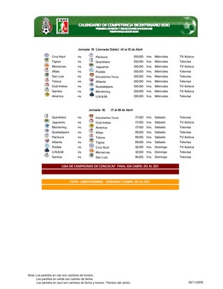Jornada 15 (Jornada Doble) 14 al 15 de Abril

                  Cruz Azul          vs.           Pachuca                         00:00   hrs. Miércoles   TV Azteca
                  Tigres             vs.           Querétaro                       00:00   hrs. Miércoles   Televisa
                  Monarcas           vs.           Jaguares                        00:00   hrs. Miércoles   TV Azteca
                  Atlas              vs.           Puebla                          00:00   hrs. Miércoles   Televisa
                  San Luis           vs.           Estudiantes Tecos               00:00   hrs. Miércoles   Televisa
                  Toluca             vs.           Atlante                         00:00   hrs. Miércoles   Televisa
                  Club Indios        vs.           Guadalajara                     00:00   hrs. Miércoles   TV Azteca
                  Santos             vs.           Monterrey                       00:00   hrs. Miércoles   TV Azteca
                  América            vs.           U.N.A.M.                        00:00   hrs. Miércoles   Televisa



                                              Jornada 16       17 al 18 de Abril

                  Querétaro          vs.           Estudiantes Tecos               17:00   hrs. Sábado      Televisa
                  Jaguares           vs.           Club Indios                     17:00   hrs. Sábado      TV Azteca
                  Monterrey          vs.           América                         17:00   hrs. Sábado      Televisa
                  Guadalajara        vs.           Atlas                           19:00   hrs. Sábado      Televisa
                  Pachuca            vs.           Toluca                          19:00   hrs. Sábado      TV Azteca
                  Atlante            vs.           Tigres                          19:00   hrs. Sábado      Televisa
                  Puebla             vs.           Cruz Azul                       12:00   hrs. Domingo     TV Azteca
                  U.N.A.M.           vs.           Monarcas                        12:00   hrs. Domingo     Televisa
                  Santos             vs.           San Luis                        16:00   hrs. Domingo     Televisa

                           LIGA DE CAMPEONES DE CONCACAF FINAL IDA (ABRIL 20 AL 22)



                                COPA LIBERTADORES JORNADA 11 (ABRIL 20 AL 22)




Nota: Los partidos en rojo son cambios de horario.
      Los partidos en verde son cambio de fecha.
      Los partidos en azul son cambios de fecha y horario. *Horario del centro                                    30/11/2009
 