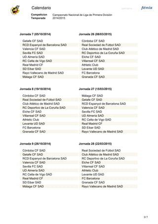 Calendario 24/07/2014
Campeonato Nacional de Liga de Primera División
2014/2015
Competicion
Temporada
Jornada 7 (05/10/2014)
Getafe CF SAD
RCD Espanyol de Barcelona SAD
Valencia CF SAD
Sevilla FC SAD
UD Almería SAD
RC Celta de Vigo SAD
Real Madrid CF
SD Eibar SAD
Rayo Vallecano de Madrid SAD
Málaga CF SAD
Jornada 26 (08/03/2015)
Córdoba CF SAD
Real Sociedad de Fútbol SAD
Club Atlético de Madrid SAD
RC Deportivo de La Coruña SAD
Elche CF SAD
Villarreal CF SAD
Athletic Club
Levante UD SAD
FC Barcelona
Granada CF SAD
Jornada 8 (19/10/2014)
Córdoba CF SAD
Real Sociedad de Fútbol SAD
Club Atlético de Madrid SAD
RC Deportivo de La Coruña SAD
Elche CF SAD
Villarreal CF SAD
Athletic Club
Levante UD SAD
FC Barcelona
Granada CF SAD
Jornada 27 (15/03/2015)
Málaga CF SAD
Getafe CF SAD
RCD Espanyol de Barcelona SAD
Valencia CF SAD
Sevilla FC SAD
UD Almería SAD
RC Celta de Vigo SAD
Real Madrid CF
SD Eibar SAD
Rayo Vallecano de Madrid SAD
Jornada 9 (26/10/2014)
Córdoba CF SAD
Getafe CF SAD
RCD Espanyol de Barcelona SAD
Valencia CF SAD
Sevilla FC SAD
UD Almería SAD
RC Celta de Vigo SAD
Real Madrid CF
SD Eibar SAD
Málaga CF SAD
Jornada 28 (22/03/2015)
Real Sociedad de Fútbol SAD
Club Atlético de Madrid SAD
RC Deportivo de La Coruña SAD
Elche CF SAD
Villarreal CF SAD
Athletic Club
Levante UD SAD
FC Barcelona
Granada CF SAD
Rayo Vallecano de Madrid SAD
73/
 