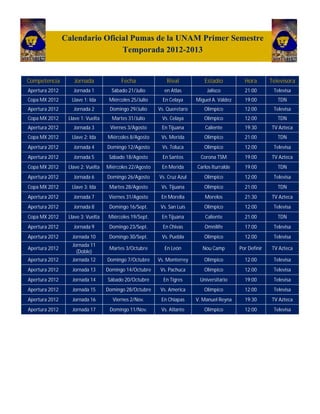 Calendario Oficial Pumas de la UNAM Primer Semestre
                                Temporada 2012-2013


Competencia        Jornada               Fecha               Rival          Estadio           Hora        Televisora
Apertura 2012      Jornada 1         Sábado 21/Julio       en Atlas          Jalisco          21:00        Televisa
Copa MX 2012      Llave 1: Ida      Miércoles 25/Julio     En Celaya     Miguel A. Váldez     19:00          TDN
Apertura 2012      Jornada 2        Domingo 29/Julio     Vs. Queretaro      Olimpico          12:00        Televisa
Copa MX 2012     Llave 1: Vuelta     Martes 31/Julio      Vs. Celaya        Olimpico          12:00          TDN
Apertura 2012      Jornada 3        Viernes 3/Agosto      En Tijuana         Caliente         19:30       TV Azteca
Copa MX 2012      Llave 2: Ida     Miércoles 8/Agosto     Vs. Merida        Olimpico          21:00          TDN
Apertura 2012      Jornada 4       Domingo 12/Agosto      Vs. Toluca        Olimpico          12:00        Televisa
Apertura 2012      Jornada 5        Sábado 18/Agosto       En Santos       Corona TSM         19:00       TV Azteca
Copa MX 2012     Llave 2: Vuelta   Miércoles 22/Agosto    En Merida      Carlos Iturralde     19:00          TDN
Apertura 2012      Jornada 6       Domingo 26/Agosto     Vs. Cruz Azul      Olimpico          12:00        Televisa
Copa MX 2012      Llave 3: Ida      Martes 28/Agosto      Vs. Tijuana       Olimpico          21:00          TDN
Apertura 2012      Jornada 7        Viernes 31/Agosto     En Morelia         Morelos          21:30       TV Azteca
Apertura 2012      Jornada 8        Domingo 16/Sept.      Vs. San Luis      Olimpico          12:00        Televisa
Copa MX 2012     Llave 3: Vuelta    Miércoles 19/Sept.    En Tijuana         Caliente         21:00          TDN
Apertura 2012      Jornada 9        Domingo 23/Sept.       En Chivas        Omnilife          17:00        Televisa
Apertura 2012     Jornada 10        Domingo 30/Sept.      Vs. Puebla        Olimpico          12:00        Televisa
                  Jornada 11
Apertura 2012                       Martes 3/Octubre       En León         Nou Camp         Por Definir   TV Azteca
                    (Doble)
Apertura 2012     Jornada 12       Domingo 7/Octubre     Vs. Monterrey      Olimpico          12:00        Televisa
Apertura 2012     Jornada 13       Domingo 14/Octubre     Vs. Pachuca       Olimpico          12:00        Televisa
Apertura 2012     Jornada 14       Sábado 20/Octubre       En Tigres      Universitario       19:00        Televisa
Apertura 2012     Jornada 15       Domingo 28/Octubre     Vs. America       Olimpico          12:00        Televisa
Apertura 2012     Jornada 16         Viernes 2/Nov.       En Chiapas     V. Manuel Reyna      19:30       TV Azteca
Apertura 2012     Jornada 17        Domingo 11/Nov.       Vs. Atlante       Olimpico          12:00        Televisa
 