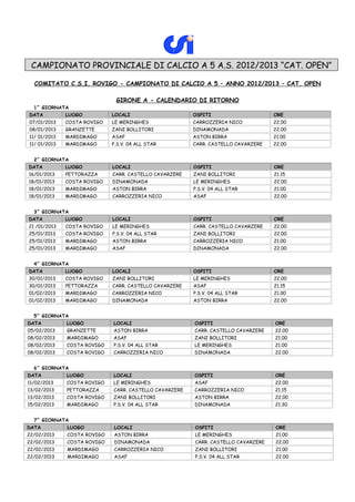 CAMPIONATO PROVINCIALE DI CALCIO A 5 A.S. 2012/2013 “CAT. OPEN”

  COMITATO C.S.I. ROVIGO - CAMPIONATO DI CALCIO A 5 – ANNO 2012/2013 – CAT. OPEN

                              GIRONE A - CALENDARIO DI RITORNO
  1^ GIORNATA
DATA          LUOGO          LOCALI                     OSPITI                     ORE
07/01/2013    COSTA ROVIGO   LE MERINGHES               CARROZZERIA NICO           22.00
08/01/2013    GRANZETTE      ZANI BOLLITORI             DINAMONADA                 22.00
11/ 01/2013   MARDIMAGO      ASAF                       ASTON BIRRA                21.00
11/ 01/2013   MARDIMAGO      P.S.V. 04 ALL STAR         CARR. CASTELLO CAVARZERE   22.00


  2^ GIORNATA
DATA          LUOGO          LOCALI                     OSPITI                     ORE
16/01/2013    PETTORAZZA     CARR. CASTELLO CAVARZERE   ZANI BOLLITORI             21.15
18/01/2013    COSTA ROVIGO   DINAMONADA                 LE MERINGHES               22.00
18/01/2013    MARDIMAGO      ASTON BIRRA                P.S.V. 04 ALL STAR         21.00
18/01/2013    MARDIMAGO      CARROZZERIA NICO           ASAF                       22.00


  3^ GIORNATA
DATA          LUOGO          LOCALI                     OSPITI                     ORE
21 /01/2013   COSTA ROVIGO   LE MERINGHES               CARR. CASTELLO CAVARZERE   22.00
25/01/2013    COSTA ROVIGO   P.S.V. 04 ALL STAR         ZANI BOLLITORI             22.00
25/01/2013    MARDIMAGO      ASTON BIRRA                CARROZZERIA NICO           21.00
25/01/2013    MARDIMAGO      ASAF                       DINAMONADA                 22.00


  4^ GIORNATA
DATA          LUOGO          LOCALI                     OSPITI                     ORE
30/01/2013    COSTA ROVIGO   ZANI BOLLITORI             LE MERINGHES               22.00
30/01/2013    PETTORAZZA     CARR. CASTELLO CAVARZERE   ASAF                       21.15
01/02/2013    MARDIMAGO      CARROZZERIA NICO           P.S.V. 04 ALL STAR         21.00
01/02/2013    MARDIMAGO      DINAMONADA                 ASTON BIRRA                22.00


  5^ GIORNATA
DATA          LUOGO          LOCALI                     OSPITI                     ORE
05/02/2013    GRANZETTE      ASTON BIRRA                CARR. CASTELLO CAVARZERE   22.00
08/02/2013    MARDIMAGO      ASAF                       ZANI BOLLITORI             21.00
08/02/2013    COSTA ROVIGO   P.S.V. 04 ALL STAR         LE MERINGHES               21.00
08/02/2013    COSTA ROVIGO   CARROZZERIA NICO           DINAMONADA                 22.00


  6^ GIORNATA
DATA          LUOGO          LOCALI                     OSPITI                     ORE
11/02/2013    COSTA ROVIGO   LE MERINGHES               ASAF                       22.00
13/02/2013    PETTORAZZA     CARR. CASTELLO CAVARZERE   CARROZZERIA NICO           21.15
13/02/2013    COSTA ROVIGO   ZANI BOLLITORI             ASTON BIRRA                22.00
15/02/2013    MARDIMAGO      P.S.V. 04 ALL STAR         DINAMONADA                 21.30


  7^ GIORNATA
DATA          LUOGO          LOCALI                     OSPITI                     ORE
22/02/2013    COSTA ROVIGO   ASTON BIRRA                LE MERINGHES               21.00
22/02/2013    COSTA ROVIGO   DINAMONADA                 CARR. CASTELLO CAVARZERE   22.00
22/02/2013    MARDIMAGO      CARROZZERIA NICO           ZANI BOLLITORI             21.00
22/02/2013    MARDIMAGO      ASAF                       P.S.V. 04 ALL STAR         22.00
 