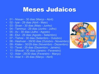 Meses Judaicos 01 - Nissan - 30 dias (Março - Abril) 02 - Iyar - 29 dias (Abril - Maio) 03 - Sivan - 30 dias (Maio - Junho) 04 - Tammuz - 29 dias (Junho - Julho) 05 - Av - 30 dias (Julho - Agosto) 06 - Elul - 29 dias (Agosto - Setembro) 07 - Tishrei - 30 dias (Setembro - Outubro) 08 - Heshvan - 29/30 dias (Outubro - Novembro) 09 - Kislev - 30/29 dias (Novembro - Dezembro) 10 - Tevet - 29 dias (Dezembro - Janeiro) 11 - Shevat - 30 dias (Janeiro - Fevereiro) 12 - Adar - 29/30 dias (Fevereiro - Março) 13 - Adar II - 29 dias (Março - Abril) 