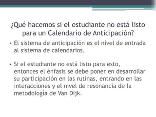 ¿Qué hacemos si el estudiante no está listo
para un Calendario de Anticipación?
• El sistema de anticipación es el nivel de entrada
al sistema de calendarios.
• Si el estudiante no está listo para esto,
entonces el énfasis se debe poner en desarrollar
su participación en las rutinas, entrando en las
interacciones y el nivel de resonancia de la
metodología de Van Dijk.
 