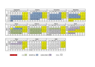  
 
 
Septiembre Octubre Noviembre Diciembre
2013
  L M M J V S D L M M J V S D L M M J V S D L M M J V S D
        1 4 1 2 3 4 5 6 8   1 2 3 12 1
  2 3 4 5 6 7 8 5 7 8 9 10 11 12 13 9 4 5 6 7 8 9 10 13 2 3 4 5 6 7 8
1 9 10 11 12 13 14 15 6 14 15 16 17 18 19 20 10 11 12 13 14 15 16 17 14 9 10 11 12 13 14 15
2 16 17 18 19 20 21 22 7 21 22 23 24 25 26 27 11 18 19 20 21 22 23 24 15 16 17 18 19 20 21 22
3 23 24 25 26 27 28 29 8 28 29 30 31 12 25 26 27 28 29 30 23 24 25 26 27 28 29
 
4 30 30 31
 
Enero Febrero Marzo Abril
2014
  L M M J V S D   L M M J V S D L M M J V S D L M M J V S D
    1 2 3 4 5 19 1 2 23   1 2 28 1 2 3 4 5 6
16 6 7 8 9 10 11 12 20 3 4 5 6 7 8 9 24 3 4 5 6 7 8 9 29 7 8 9 10 11 12 13
17 13 14 15 16 17 18 19 21 10 11 12 13 14 15 16 25 10 11 12 13 14 15 16 30 14 15 16 17 18 19 20
18 20 21 22 23 24 25 26 22 17 18 19 20 21 22 23 26 17 18 19 20 21 22 23 21 22 23 24 25 26 27
19 27 28 29 30 31      23 24 25 26 27 28 27 24 25 26 27 28 29 30 31 28 29 30
 
      28 31
 
Mayo Junio Julio
2014
  L M M J V S D   L M M J V S D L M M J V S D
31    1 2 3 4 1 1 2 3 4 5 6
32 5 6 7 8 9 10 11 2 3 4 5 6 7 8 7 8 9 10 11 12 13
12 13 14 15 16 17 18 9 10 11 12 13 14 15 14 15 16 17 18 19 20
19 20 21 22 23 24 25 16 17 18 19 20 21 22 21 22 23 24 25 26 27
26 27 28 29 30 31 23 24 25 26 27 28 29 28 29 30 31
 
      30
GRUPO 4ºB C.S. HOSPITAL GERIATRICO T.F.G.
 