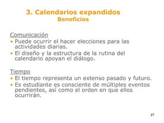 ComunicaciónPuede ocurrir el hacer elecciones para las actividades diarias.El diseño y la estructura de la rutina del calendario apoyan el diálogo.TiempoEl tiempo representa un extenso pasado y futuro.Es estudiante es consciente de múltiples eventos pendientes, así como el orden en que ellos ocurrirán.3. Calendarios expandidosBeneficios27