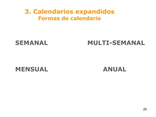SEMANAL			MULTI-SEMANAL	MENSUAL				ANUAL3. Calendarios expandidosFormas de calendario29