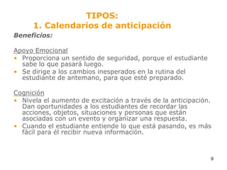 TIPOS:1. Calendarios de anticipaciónBeneficios:Apoyo EmocionalProporciona un sentido de seguridad, porque el estudiante sabe lo que pasará luego.Se dirige a los cambios inesperados en la rutina del estudiante de antemano, para que esté preparado.CogniciónNivela el aumento de excitación a través de la anticipación. Dan oportunidades a los estudiantes de recordar las acciones, objetos, situaciones y personas que están asociadas con un evento y organizar una respuesta.Cuando el estudiante entiende lo que está pasando, es más fácil para él recibir nueva información.9