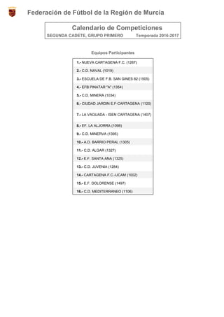 Calendario de Competiciones
SEGUNDA CADETE, GRUPO PRIMERO Temporada 2016-2017
Equipos Participantes
1.- NUEVA CARTAGENA F.C. (1267)
2.- C.D. NAVAL (1019)
3.- ESCUELA DE F.B. SAN GINES 82 (1505)
4.- EFB PINATAR "A" (1354)
5.- C.D. MINERA (1034)
6.- CIUDAD JARDIN E.F-CARTAGENA (1120)
7.- LA VAGUADA - ISEN CARTAGENA (1407)
8.- EF. LA ALJORRA (1098)
9.- C.D. MINERVA (1395)
10.- A.D. BARRIO PERAL (1305)
11.- C.D. ALGAR (1327)
12.- E.F. SANTA ANA (1325)
13.- C.D. JUVENIA (1284)
14.- CARTAGENA F.C.-UCAM (1002)
15.- E.F. DOLORENSE (1497)
16.- C.D. MEDITERRANEO (1106)
Federación de Fútbol de la Región de Murcia
 