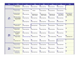 Mes Dom Lun Mar Mié Jue Vie Sáb
25 CAMPEONATO
REGION METRO
26
Practicas Dojo/Clubes
27
Practicas Dojo/Clubes
28
Practicas ...