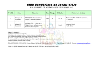 Club Senderista de Javali Viejo
                                              CALENDARIO DE ACTIVIDADES: DICIEMBRE 2011

Nº Salida           Fecha                         Itinerario                    Km       Tiempo         Dificultad            Punto y hora de salida


              Domingo-11-           MURCIA Vuelta al Puntal de                                                       Restaurante Alto del Puerto Garruchal
    1                                                                           7,95         3            BAJA
              Diciembre             Villora y canteras Romanas                                                       9,30 Horas


                                    CALASPARRA Lomas de la
              Sabado-17-                                                                                             Venta del Olivo
    2                               Virgen-Ribera de Cañaverosa-                 7,5         3            BAJA
              Diciembre                                                                                               9,00 Horas
                                    Santuario de Calasparra



OBSERVACIONES:
Las Distancias y tiempos son estimados.
Dificultad: es una estimación en base al tiempo, distancia y relieve del terreno.
Para las Rutas calificadas de Media no se necesita una especial preparación física.
Se requiere la máxima puntualidad posible a la hora de la salida.
Es recomendable llevar siempre calzado apropiado (bota o zapatilla de montaña) y ropa adecuada a la epoca del año.
Siempre llevar agua suficiente y algo de comida.

TELEFONOS DE CONTACTO: Centro Cultural del Javali Viejo (Jesús) 968 891350                             Paco Gómez 687/482163 Correo: enzoaleman@gmail.com

Nota.- La Salida desde la Plaza de la Iglesia del Javali Viejo sera de MEDIA HORA antes.
 