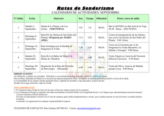 Rutas de Senderismo
                                                 CALENDARIO DE ACTIVIDADES: SEPTIEMBRE
Nº Salida          Fecha                           Itinerario                       Km       Tiempo        Dificultad                Punto y hora de salida


              Sabado-1-            Senda de Lo Pareja o de Las                                                            Bar la GOTERA en San José de la Vega
     1                                                                              9.0         3.0          BAJA
              Septiembre           Zorras (NOCTURNA)                                                                      20.30 Horas. NOCTURNA

                                   Ruta Por las Salinas de San Pedro del                                                  Centro de Interpretación de las Salinas,
              Domingo-9-
     2                             Pinatar. (Propuesta por MARIA                    13.3       3.03          BAJA         sito cruce Ctra.Puerto de San Pedro del
              Septiembre
                                   JOSE)                                                                                  Pinatar 9.00 Horas
                                                                                                                          Cruce en la Carretera que va de
              Domingo-16-          Ruta Geológica por la Rambla de
     3                                                                              7.50       2.45          BAJA         Sangonera la Verde-Mazarrón y la
              Septiembre           Sangonera la Verde.
                                                                                                                          Subida a Torreguil 9.00 Horas

              Sabado-22-           Ruta De Los Baños de Mula-A la                                                         Venta Alegría en Autovia del Noroeste
     4                                                                              11.4       3.00          BAJA
              Septiembre           Muela de Albudeite                                                                     (Murcia-Caravaca) 8.30 Horas


              Domingo-30-          Repetición de la Ruta del Estrecho                                                     Venta del Olivo, Autovia de Madrid,
     5                                                                              6.00       3.00          BAJA
              Septiembre           de Bolvonegro (Moratalla)                                                              pasado Cieza 8.00 Horas

OBSERVACIONES:
Las Distancias y tiempos son estimados. Dificultad: es una estimación en base al tiempo, distancia y relieve del terreno.
Para las Rutas calificadas de Media no se necesita una especial preparación física. Se requiere la máxima puntualidad posible a la hora de la salida.
Es recomendable llevar siempre calzado apropiado (bota o zapatilla de montaña) y ropa adecuada a la época del año.
Siempre llevar agua suficiente y algo de comida.

NOTA IMPORTANTE:
1.-El Transporte hasta el lugar de inicio de las rutas se hace por medios propios de los asistentes.
2.-Las Coberturas de Riesgo en cualquier actividad corresponden al Sistema Publico de la Seguridad Social o a los Seguros que cada participante posea previamente:
   Licencia Federativa,Adeslas,Mutuas,etc.
   Por tanto los participantes correrán con el coste de cualquier gasto medico,desplazamiento o rescate, que se pudiera generar en caso de lesión o accidente durante
   la marcha.
   Eximiendo a la organización de cualquier responsabilidad al respecto.


TELEFONO DE CONTACTO: Paco Gómez 687/482163 Correo: enzoaleman@gmail.com
 