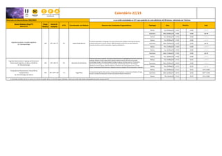 Carga
Horária
horas de
contacto
ECTS Coordenador do Módulo Resumo dos Conteúdos Programáticos Tipologia Dias Sala
Horário
Calendário 22/23
Nome Módulos (Eng/PT)
Nome da UC
Mestrado em Neurociências 2022/2023 a cor estão assinaladas as UC's que poderão ter uma afluência até 30 alunos, sobretudo nas Teóricas.
Teórica Tue, 02/May/23 17:00 - 19:00 a definir
Seminário Wed, 03/May/23 17:00 - 19:00 Lab P8
Teórica Thu, 04/May/23 17:00 - 19:00 a definir
Teórica Tue, 09/May/23 17:00 - 19:00 a definir
Seminário Wed, 10/May/23 17:00 - 19:00 Lab P8
Teórica Thu, 11/May/23 17:00 - 19:00 a definir
Teórica Tue, 16/May/23 17:00 - 19:00 a definir
Seminário Wed, 17/May/23 17:00 - 19:00 Lab P8
Teórica Thu, 18/May/23 17:00 - 19:00 a definir
Teórica Tue, 23/May/23 17:15 - 19:15 a definir
Seminário Wed, 24/May/23 16:00 - 19:00 a definir
Teórica Thu, 25/May/23 17:15 - 19:15 a definir
Teórica Tue, 30/May/23 17:15 - 19:15 S7 P-1 EEM
Seminário Wed, 31/May/23 10:30 - 18:30 S49 P-1 EEM
Teórica Thu, 01/Jun/23 17:15 - 19:15 S7 P-1 EEM
A Comissão Científica do Curso reserva se o direito de poder alterar os horários agora indicados. Neste caso serão informados atempadamente pelos serviços do IFA.
Cognitive Functions / Funções Cognitivas
UC: Neuropsicologia
Computational Cognitive Neuroscience; Computational Psychiatry; Computational Models of Single
Neurons and Neuronal Networks; Fitting Computational Models to Behavioral.
Cognitive Deterioration in Ageing and Dementia /
Deterioração Cognitiva no Idoso e Demência
UC: Neuropsicologia
140 14T; 14P; 7S 0.5 Alexandre de Mendonça
Historical notes about cognition and ageing. General theories of ageinggeing of the brain and of the
organism. Markers of brain ageing. Brain ageing in different species. Neuronal and synaptic
morphologic changes. Electrophysiological changes of ageing, including Long Term Potentiation.
Neurochemical changes of cholinergic, dopaminergic, adenosinergic systems. The biological
significance of brain ageing. Subjective Memory Complaints. Neuropsychological tests. Genetic
factors. Cerebrospinal fluid biomarkers. Magnetic resonance imaging. PETscan biomarkers. Historical
Computational Neuroscience / Neurociência
Computacional
UC: Neurofisiologia de Sistema
336 34T; 34TP; 16S 1.5 Tiago Maia
140 14T; 14P; 7S 4.5 Isabel Pavão Martins
Functional organization of language: The study of focal lesions; Models of learning and decision
making; Assessment of memory systems. Right hemisphere syndromes and space delusions:
Executive functions and the frontal lobes; Cognitive rehabilitation.
 