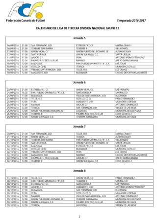 Federación Canaria de Fútbol Temporada 2016-2017
CALENDARIO DE LIGA DE TERCERA DIVISION NACIONAL GRUPO 12
2
Jornada 5
16/09/2016 21:00 SAN FERNANDO, U.D. ESTRELLA "A", C.F. MASPALOMAS 1
16/09/2016 21:00 TENERIFE SUR IBARRA TENERIFE B VILLA ISABEL
17/09/2016 17:00 UNION VIERA, C.F. UNION PUERTO DEL ROSARIO, CF ALFONSO SILVA
17/09/2016 17:00 SANTA URSULA UNION SUR YAIZA, C.D. SANTA URSULA
17/09/2016 17:00 ARUCAS C.F. VERA ANTONIO AFONSO "TONONO"
18/09/2016 12:00 PALMAS ATLETICO, U.D.LAS MARINO ANEXO GRAN CANARIA
18/09/2016 12:00 LAS ZOCAS PAN. PULIDO SAN MATEO "A", C.F. LAS ZOCAS
18/09/2016 12:00 COTILLO, CD EL TENISCA MUNICIPAL COTILLO
18/09/2016 12:00 VILLA DE SANTA BRIGIDA , U.D. TELDE, U.D. LOS OLIVOS
18/09/2016 12:00 LANZAROTE, U.D. BUZANADA CIUDAD DEPORTIVA LANZAROTE
Jornada 6
23/09/2016 21:00 ESTRELLA "A", C.F. UNION VIERA, C.F. LAS PALMITAS
24/09/2016 16:30 PAN. PULIDO SAN MATEO "A", C.F. SANTA URSULA SAN MATEO
24/09/2016 17:00 BUZANADA VILLA DE SANTA BRIGIDA , U.D. BUZANADA
24/09/2016 17:30 TELDE, U.D. COTILLO, CD EL PABLO HERNANDEZ
25/09/2016 12:00 VERA LANZAROTE, U.D. SALVADOR LEDESMA
25/09/2016 12:00 MARINO ARUCAS C.F. ANTONIO DOMINGUEZ
25/09/2016 12:00 TENISCA SAN FERNANDO, U.D. VIRGEN DE LAS NIEVE
25/09/2016 12:00 UNION PUERTO DEL ROSARIO, CF LAS ZOCAS MUNICIPAL DE LOS POZOS
25/09/2016 12:00 TENERIFE B PALMAS ATLETICO, U.D.LAS C.DEP.GENETO 2
25/09/2016 12:00 UNION SUR YAIZA, C.D. TENERIFE SUR IBARRA MUNICIPAL DE YAIZA
Jornada 7
30/09/2016 21:00 SAN FERNANDO, U.D. TELDE, U.D. MASPALOMAS 1
01/10/2016 17:00 UNION VIERA, C.F. TENISCA ALFONSO SILVA
01/10/2016 17:00 TENERIFE SUR IBARRA PAN. PULIDO SAN MATEO "A", C.F. VILLA ISABEL
01/10/2016 17:00 SANTA URSULA UNION PUERTO DEL ROSARIO, CF SANTA URSULA
02/10/2016 12:00 LAS ZOCAS ESTRELLA "A", C.F. LAS ZOCAS
02/10/2016 12:00 COTILLO, CD EL BUZANADA MUNICIPAL COTILLO
02/10/2016 12:00 VILLA DE SANTA BRIGIDA , U.D. VERA LOS OLIVOS
02/10/2016 12:00 LANZAROTE, U.D. MARINO CIUDAD DEPORTIVA LANZAROTE
02/10/2016 12:00 PALMAS ATLETICO, U.D.LAS ARUCAS C.F. ANEXO GRAN CANARIA
02/10/2016 12:00 TENERIFE B UNION SUR YAIZA, C.D. C.DEP.GENETO 2
Jornada 8
07/10/2016 21:00 TELDE, U.D. UNION VIERA, C.F. PABLO HERNANDEZ
08/10/2016 16:30 PAN. PULIDO SAN MATEO "A", C.F. TENERIFE B SAN MATEO
08/10/2016 17:00 ESTRELLA "A", C.F. SANTA URSULA LAS PALMITAS
08/10/2016 17:00 ARUCAS C.F. LANZAROTE, U.D. ANTONIO AFONSO "TONONO"
08/10/2016 17:00 BUZANADA SAN FERNANDO, U.D. BUZANADA
09/10/2016 12:00 VERA COTILLO, CD EL SALVADOR LEDESMA
09/10/2016 12:00 MARINO VILLA DE SANTA BRIGIDA , U.D. ANTONIO DOMINGUEZ
09/10/2016 12:00 UNION PUERTO DEL ROSARIO, CF TENERIFE SUR IBARRA MUNICIPAL DE LOS POZOS
09/10/2016 12:00 UNION SUR YAIZA, C.D. PALMAS ATLETICO, U.D.LAS MUNICIPAL DE YAIZA
09/10/2016 12:00 TENISCA LAS ZOCAS VIRGEN DE LAS NIEVE
 