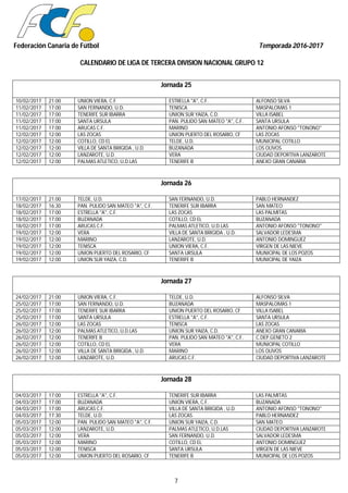 Federación Canaria de Fútbol Temporada 2016-2017
CALENDARIO DE LIGA DE TERCERA DIVISION NACIONAL GRUPO 12
7
Jornada 25
10/02/2017 21:00 UNION VIERA, C.F. ESTRELLA "A", C.F. ALFONSO SILVA
11/02/2017 17:00 SAN FERNANDO, U.D. TENISCA MASPALOMAS 1
11/02/2017 17:00 TENERIFE SUR IBARRA UNION SUR YAIZA, C.D. VILLA ISABEL
11/02/2017 17:00 SANTA URSULA PAN. PULIDO SAN MATEO "A", C.F. SANTA URSULA
11/02/2017 17:00 ARUCAS C.F. MARINO ANTONIO AFONSO "TONONO"
12/02/2017 12:00 LAS ZOCAS UNION PUERTO DEL ROSARIO, CF LAS ZOCAS
12/02/2017 12:00 COTILLO, CD EL TELDE, U.D. MUNICIPAL COTILLO
12/02/2017 12:00 VILLA DE SANTA BRIGIDA , U.D. BUZANADA LOS OLIVOS
12/02/2017 12:00 LANZAROTE, U.D. VERA CIUDAD DEPORTIVA LANZAROTE
12/02/2017 12:00 PALMAS ATLETICO, U.D.LAS TENERIFE B ANEXO GRAN CANARIA
Jornada 26
17/02/2017 21:00 TELDE, U.D. SAN FERNANDO, U.D. PABLO HERNANDEZ
18/02/2017 16:30 PAN. PULIDO SAN MATEO "A", C.F. TENERIFE SUR IBARRA SAN MATEO
18/02/2017 17:00 ESTRELLA "A", C.F. LAS ZOCAS LAS PALMITAS
18/02/2017 17:00 BUZANADA COTILLO, CD EL BUZANADA
18/02/2017 17:00 ARUCAS C.F. PALMAS ATLETICO, U.D.LAS ANTONIO AFONSO "TONONO"
19/02/2017 12:00 VERA VILLA DE SANTA BRIGIDA , U.D. SALVADOR LEDESMA
19/02/2017 12:00 MARINO LANZAROTE, U.D. ANTONIO DOMINGUEZ
19/02/2017 12:00 TENISCA UNION VIERA, C.F. VIRGEN DE LAS NIEVE
19/02/2017 12:00 UNION PUERTO DEL ROSARIO, CF SANTA URSULA MUNICIPAL DE LOS POZOS
19/02/2017 12:00 UNION SUR YAIZA, C.D. TENERIFE B MUNICIPAL DE YAIZA
Jornada 27
24/02/2017 21:00 UNION VIERA, C.F. TELDE, U.D. ALFONSO SILVA
25/02/2017 17:00 SAN FERNANDO, U.D. BUZANADA MASPALOMAS 1
25/02/2017 17:00 TENERIFE SUR IBARRA UNION PUERTO DEL ROSARIO, CF VILLA ISABEL
25/02/2017 17:00 SANTA URSULA ESTRELLA "A", C.F. SANTA URSULA
26/02/2017 12:00 LAS ZOCAS TENISCA LAS ZOCAS
26/02/2017 12:00 PALMAS ATLETICO, U.D.LAS UNION SUR YAIZA, C.D. ANEXO GRAN CANARIA
26/02/2017 12:00 TENERIFE B PAN. PULIDO SAN MATEO "A", C.F. C.DEP.GENETO 2
26/02/2017 12:00 COTILLO, CD EL VERA MUNICIPAL COTILLO
26/02/2017 12:00 VILLA DE SANTA BRIGIDA , U.D. MARINO LOS OLIVOS
26/02/2017 12:00 LANZAROTE, U.D. ARUCAS C.F. CIUDAD DEPORTIVA LANZAROTE
Jornada 28
04/03/2017 17:00 ESTRELLA "A", C.F. TENERIFE SUR IBARRA LAS PALMITAS
04/03/2017 17:00 BUZANADA UNION VIERA, C.F. BUZANADA
04/03/2017 17:00 ARUCAS C.F. VILLA DE SANTA BRIGIDA , U.D. ANTONIO AFONSO "TONONO"
04/03/2017 17:30 TELDE, U.D. LAS ZOCAS PABLO HERNANDEZ
05/03/2017 12:00 PAN. PULIDO SAN MATEO "A", C.F. UNION SUR YAIZA, C.D. SAN MATEO
05/03/2017 12:00 LANZAROTE, U.D. PALMAS ATLETICO, U.D.LAS CIUDAD DEPORTIVA LANZAROTE
05/03/2017 12:00 VERA SAN FERNANDO, U.D. SALVADOR LEDESMA
05/03/2017 12:00 MARINO COTILLO, CD EL ANTONIO DOMINGUEZ
05/03/2017 12:00 TENISCA SANTA URSULA VIRGEN DE LAS NIEVE
05/03/2017 12:00 UNION PUERTO DEL ROSARIO, CF TENERIFE B MUNICIPAL DE LOS POZOS
 