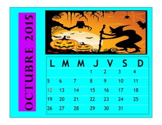 L M M J V S D
1 2 3 4
5 6 7 8 9 10 11
12 13 14 15 16 17 18
19 20 21 22 23 24 25
26 27 28 29 30 31
octubre2015
 