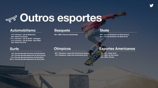 Outros esportes
17/3 | Fórmula 1: GP de Melbourne
Mar | Stock Car [Início]
17/11 | Fórmula 1: GP do Brasil - Interlagos
1/12 | Fórmula 1: GP de Dubai - Abu Dhabi
Dez | Stock Car [Fim]
Automobilismo Basquete Skate
Mar | Circuito Brasileiro de Skate [Início]
Nov | Circuito Brasileiro de Skate [Fim]
Mar | NBB: Fase de Classiﬁcação
3/4 | Circuito Mundial Feminino de 2019 [Início]
3/4 | Circuito Mundial Masculino de 2019 [Início]
7/12 | Circuito Mundial Feminino de 2019 [Fim]
20/12 | Circuito Mundial Masculino de 2019 [Fim]
Surfe
26/7 | Olímpicos: Jogos Pan-Americanos [Início]
11/8 | Olímpicos: Jogos Pan-Americanos [Fim]
Olímpicos
3/2 | NFL: Super Bowl
17/2 | NBA: All Star Game
Abr | NBA: [Finais]
Esportes Americanos
 