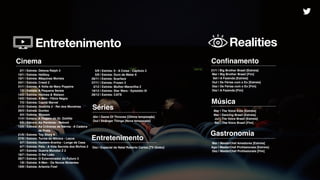 Entretenimento
Cinema
Séries
2/1 | Estreia: Detona Ralph 2
10/1 | Estreia: Hellboy
10/1 | Estreia: Máquinas Mortais
24/1 | Estreia: Creed 2
31/1 | Estreia: A Volta de Mary Poppins
7/2 | Estreia: A Pequena Sereia
14/2 | Estreia: Holmes & Watson
14/2 | Estreia: X-Men - Fênix Negra
7/3 | Estreia: Capitã Marvel
21/3 | Estreia: Godzilla 2 - Rei dos Monstros
29/3 | Estreia: Dumbo
4/4 | Estreia: Shazam
11/4 | Estreia: A Viagem do Dr. Dolittle
6/6 | Estreia: As Panteras - Reboot
13/6 | Estreia: As Crônicas de Nárnia - A Cadeira
de Prata
21/6 | Estreia: Toy Story 4
27/6 | Estreia: Turma da Mônica - Laços
4/7 | Estreia: Homem-Aranha - Longe de Casa
4/7 | Estreia: Pets - A Vida Secreta dos Bichos 2
4/7 | Estreia: Guerra Mundial Z 2
18/7 | Estreia: O Rei Leão
26/7 | Estreia: O Exterminador do Futuro 3
1/8 | Estreia: X-Men - Os Novos Mutantes
19/8 | Estreia: Artemis Fowl
Abr | Game Of Thrones [Última temporada]
Out | Stranger Things [Nova temporada]
5/9 | Estreia: It - A Coisa - Capítulo 2
5/9 | Estreia: Duro de Matar 6
26/11 | Estreia: Scarface
27/11 | Estreia: Frozen 2
2/12 | Estreia: Mulher-Maravilha 2
19/12 | Estreia: Star Wars - Episódio IX
26/12 | Estreia: CATS
Entretenimento
Dez | Especial de Natal Roberto Carlos [TV Globo]
21/1 | Big Brother Brasil [Estreia]
Mar | Big Brother Brasil [Fim]
Set | A Fazenda [Estreia]
Out | De Férias com o Ex [Estreia]
Dez | De Férias com o Ex [Fim]
Dez | A Fazenda [Fim]
Conﬁnamento
Gastronomia
Música
Mar | MasterChef Amadores [Estreia]
Ago | MasterChef Proﬁssionais [Estreia]
Dez | MasterChef Proﬁssionais [Fim]
Mar | The Voice Kids [Estreia]
Mar | Dancing Brasil [Estreia]
Jul | The Voice Brasil [Estreia]
Set | The Voice Brasil [Fim]
Realities
 