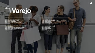 Varejo
15/3 | Dia Mundial do Consumidor
21/3 | Warm-up: Páscoa - 1 mês
28/3 | Dia do Frete Grátis
12/4 | Warm-up: Dia das Mães - 1 mês
21/4 | Páscoa
25/4 | Warm-up: Dia da Toalha - Orgulho Nerd/Geek - 1 mês
12/5 | Dia das Mães
12/5 | Warm-up: Dia dos Namorados - 1 mês
25/5 | Dia da Toalha - Orgulho Nerd/Geek
12/6 | Dia dos Namorados
11/7 | Warm-up: Dia dos Pais - 1 mês
11/8 | Dia dos Pais
15/8 | Warm-up: Dia do Cliente - 1 mês
15/9 | Dia do Cliente
12/10 | Dia das Crianças
29/10 | Warm-up: Black Friday - 1 mês
2/11 | Warm-up: Cyber Monday - 1 mês
25/11 | Warm-up: Natal - 1 mês
29/11 | Black Friday
2/12 | Cyber Monday
25/12 | Natal
26/12 | Boxing Day [Estados Unidos]
 