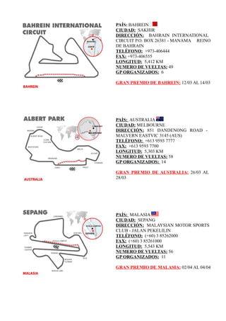 PAÍS: BAHREIN
CIUDAD: SAKHIR
DIRECCIÓN: BAHRAIN INTERNATIONAL
CIRCUIT P.O. BOX 26381 - MANAMA REINO
DE BAHRAIN
TELÉFONO: +973-406444
FAX: +973-406555
LONGITUD: 5,412 KM
NUMERO DE VUELTAS: 49
GP ORGANIZADOS: 6

GRAN PREMIO DE BAHREIN: 12/03 AL 14/03




PAÍS: AUSTRALIA
CIUDAD: MELBOURNE
DIRECCIÓN: 851 DANDENONG ROAD -
MALVERN EASTVIC 3145 (AUS)
TELÉFONO: +613 9593 7777
FAX: +613 9593 7700
LONGITUD: 5,303 KM
NUMERO DE VUELTAS: 58
GP ORGANIZADOS: 14

GRAN PREMIO DE AUSTRALIA: 26/03 AL
28/03




PAÍS: MALASIA
CIUDAD: SEPANG
DIRECCIÓN: MALAYSIAN MOTOR SPORTS
CLUB - JALAN PEKELILIN
TELÉFONO: (+60) 3 85262000
FAX: (+60) 3 85261000
LONGITUD: 5,543 KM
NUMERO DE VUELTAS: 56
GP ORGANIZADOS: 11

GRAN PREMIO DE MALASIA: 02/04 AL 04/04
 