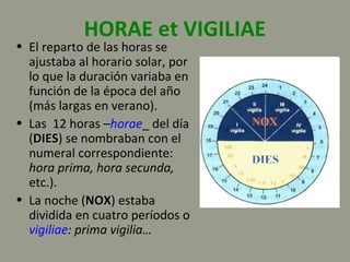 HORAE et VIGILIAE
• El reparto de las horas se
ajustaba al horario solar, por
lo que la duración variaba en
función de la época del año
(más largas en verano).
• Las 12 horas –horae_ del día
(DIESDIES) se nombraban con el
numeral correspondiente:
hora prima, hora secunda,
etc.).
• La noche (NOXNOX) estaba
dividida en cuatro períodos o
vigiliae: prima vigilia…
 