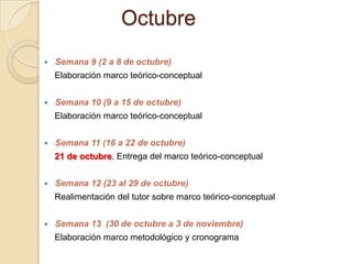Octubre
 Semana 9 (2 a 8 de octubre)
Elaboración marco teórico-conceptual
 Semana 10 (9 a 15 de octubre)
Elaboración marco teórico-conceptual
 Semana 11 (16 a 22 de octubre)
21 de octubre. Entrega del marco teórico-conceptual
 Semana 12 (23 al 29 de octubre)
Realimentación del tutor sobre marco teórico-conceptual
 Semana 13 (30 de octubre a 3 de noviembre)
Elaboración marco metodológico y cronograma
 