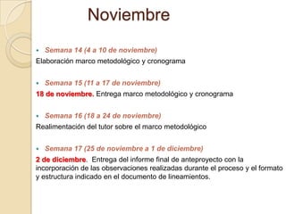 Noviembre
 Semana 14 (4 a 10 de noviembre)
Elaboración marco metodológico y cronograma
 Semana 15 (11 a 17 de noviembre)
18 de noviembre. Entrega marco metodológico y cronograma
 Semana 16 (18 a 24 de noviembre)
Realimentación del tutor sobre el marco metodológico
 Semana 17 (25 de noviembre a 1 de diciembre)
2 de diciembre. Entrega del informe final de anteproyecto con la
incorporación de las observaciones realizadas durante el proceso y el formato
y estructura indicado en el documento de lineamientos.
 