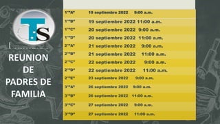 1°”A” 19 septiembre 2022 9:00 a.m.
1°”B” 19 septiembre 2022 11:00 a.m.
1°”C” 20 septiembre 2022 9:00 a.m.
1°”D” 20 septiembre 2022 11:00 a.m.
2°”A” 21 septiembre 2022 9:00 a.m.
2°”B” 21 septiembre 2022 11:00 a.m.
2°”C” 22 septiembre 2022 9:00 a.m.
2°”D” 22 septiembre 2022 11:00 a.m.
2°”E” 23 septiembre 2022 9:00 a.m.
3°”A” 26 septiembre 2022 9:00 a.m.
3°”B” 26 septiembre 2022 11:00 a.m.
3°”C” 27 septiembre 2022 9:00 a.m.
3°”D” 27 septiembre 2022 11:00 a.m.
 