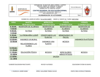 ELABORÓ EDUCADORA PRACTICANTE REVISOY AUTORIZO EDUCADORA TUTORA DE GRUPO
C. BLANCA A.JAIMES GAMA MTRO. GUILLERMO TEMELO AVILES PROFA.EMIL.IA CEDILLO TABOADA
SUBSECRETARÍA DE EDUCACIÓN MEDIA SUPERIOR Y SUPERIOR
DIRECCIÓN GENERAL DE OPERACIÓN DE SERVICIOS
DE EDUCACIÓN MEDIA SUPERIOR Y SUPERIOR
SUBDIRECCIÓN DE FORMACIÓN DOCENTE
CENTRO REGIONAL DE EDUCACIÓN NORMAL
LICENCIATURA EN EDUCACIÓN PREESCOLAR
CICLO ESCOLAR 2014 - 2015
Fecha de Elaboración:
CALENDARIZACIÓN DE ACTIVIDADES Página 1
NOMBRE DEL JARDÍN DE NIÑOS: “LA LUZ DEL SABER”. GRADO: 3° GRUPO:”A” TURNO: MATUTINO
HORA MARTES
08/MARZO/2016
MIERCOLES
09/MARZO/2016
JUEVES
10/MARZO/2016
VIERNES
11/MARZO/2016
8:30AM-
9:00AM
RECEPCIÓN DE ALUMNOS RECEPCIÓN DE
ALUMNOS
RECEPCIÓN DE
ALUMNOS
RECEPCIÓN DE
ALUMNOS
9:00AM-
9:30AM
RUTINA RUTINA RUTINA RUTINA
9:30AM-
10:00AM
“ ¡LA PRIMAVERA LLEGÓ! CONOZCAMOS LAS
PLANTAS
GERMINANDO UN
FRIJOL
HAGAMOS PLASTILINA10:00AM-
10:50AM
HAGAMOS UN MURAL
RELACIONEMOS LAS
FLORES
HAGAMOS UNA
PLANTA
MÚSICA
10:50AM-
11:30AM
11:30AM-
12:00PM
EDUCACIÓN FÍSICA MÚSICA MINI GLOBOS
AEROSTÁTICOS
MÚSICA
12:00PM-
12:15PM
SALIDA
 